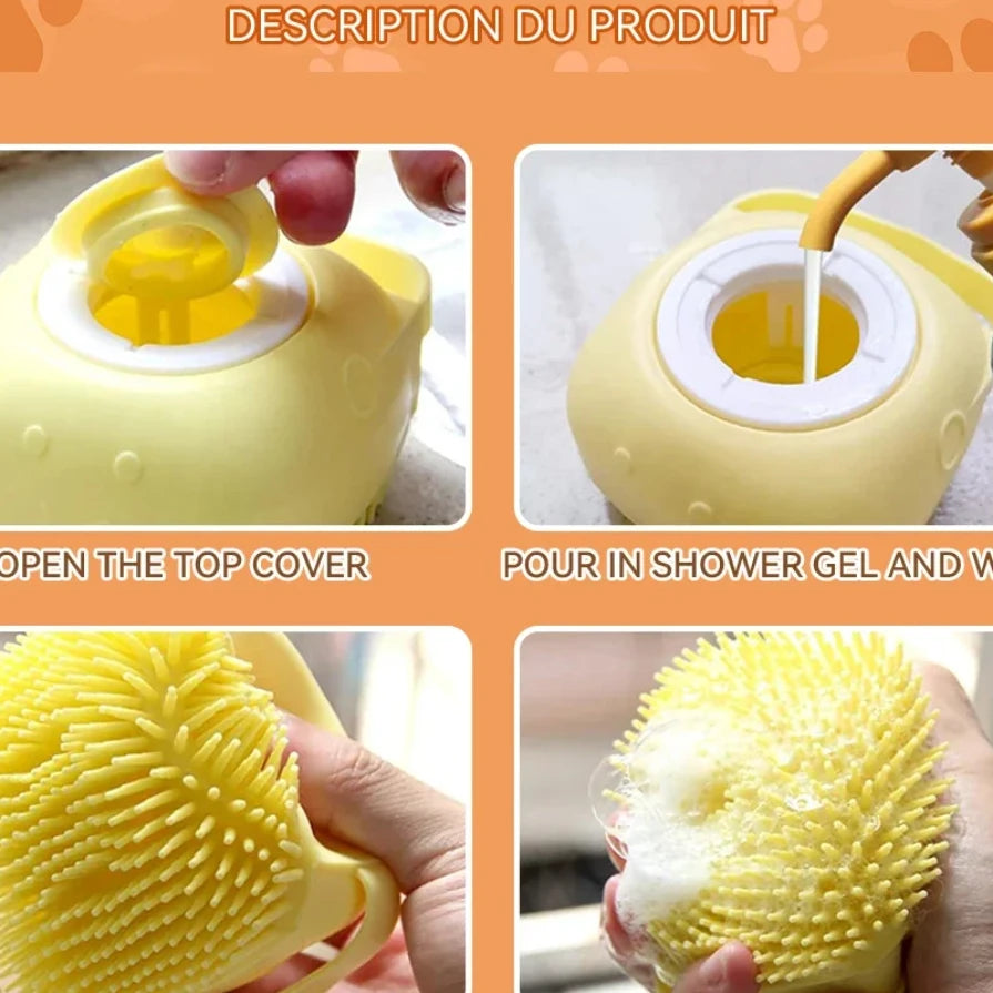 Pet Bathing & Massage Brush with Shampoo Dispenser for Dogs and Cats