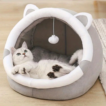 Cartoon Plush Cat House Bed with Removable Cushion