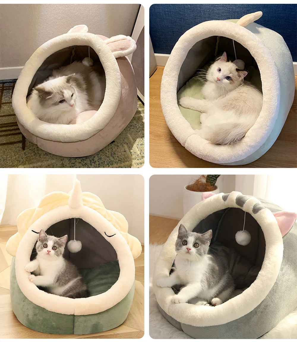 Deep Sleep Cartoon Cat Bed Cave with Removable Cushion