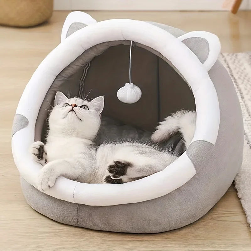 Cartoon Plush Cat House Bed with Removable Cushion