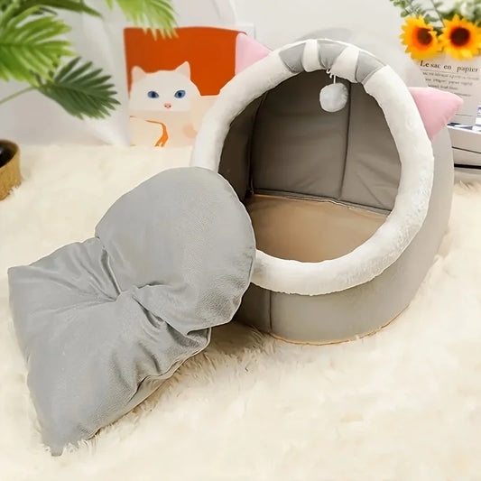 Cartoon Plush Cat House Bed with Removable Cushion